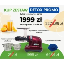 DETOX: Wyciskarka wolnoobrotowa Alfa Pure burgund + naczynia szklane + spirulina niebieska